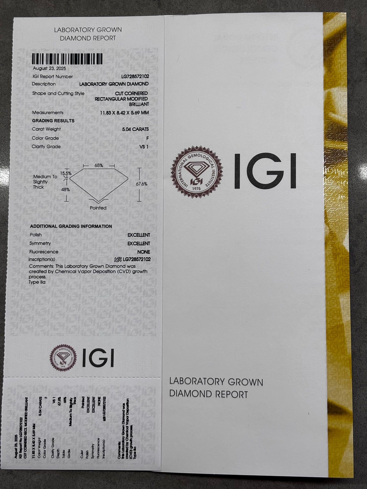 5.74ct_VS1_Radiant_Cut_Lab_Grown_Diamond_Ring_14K_Gold_IGI_Certificate