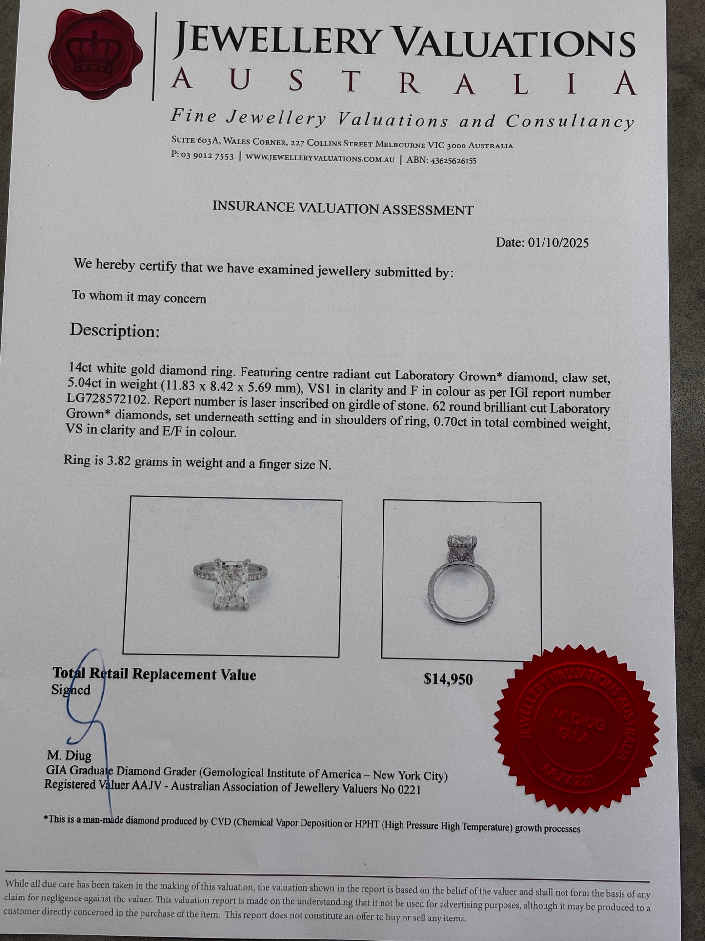 5.74ct_VS1_Radiant_Cut_Lab_Grown_Diamond_Ring_14K_Gold_Valuation_Certificate