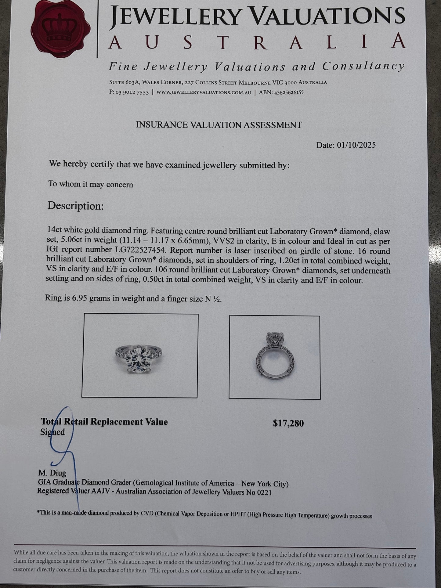 6.76cttw_E_VVS2_Round_Cut_Lab_Grown_Diamond_Ring_14K_Gold_Valuation_Certificate