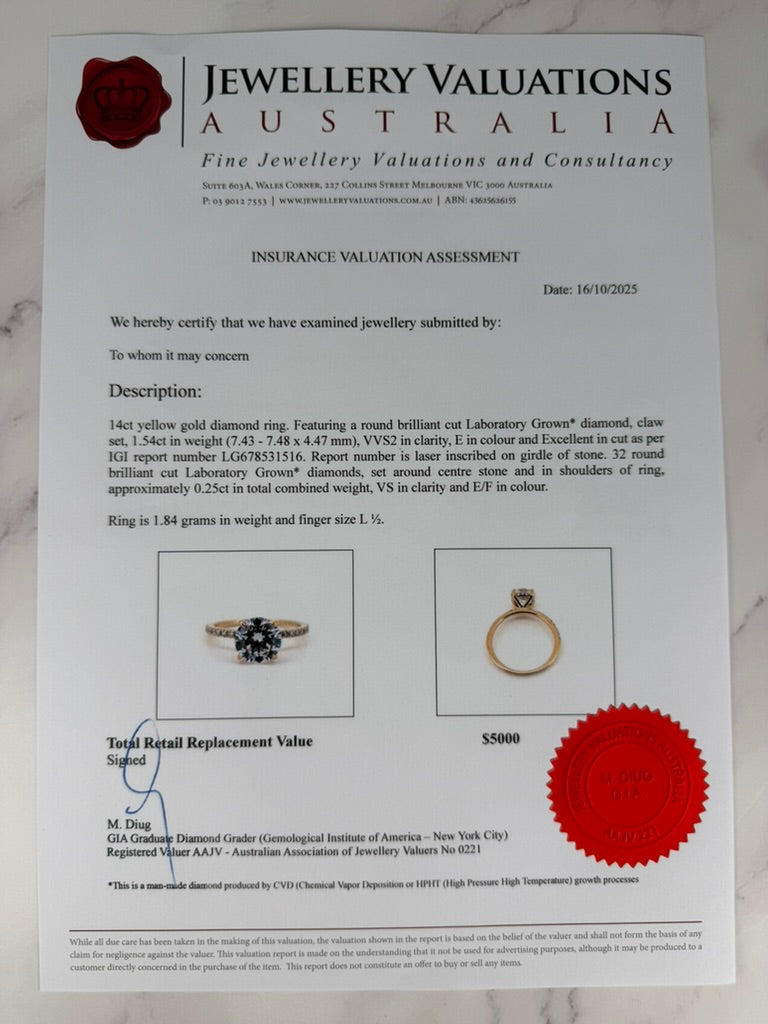 1.79cttw_VVS2_Round_Cut_Lab_Grown_Diamond_Ring_14K_Yellow_Gold_IGI_Certified_valuation_cert