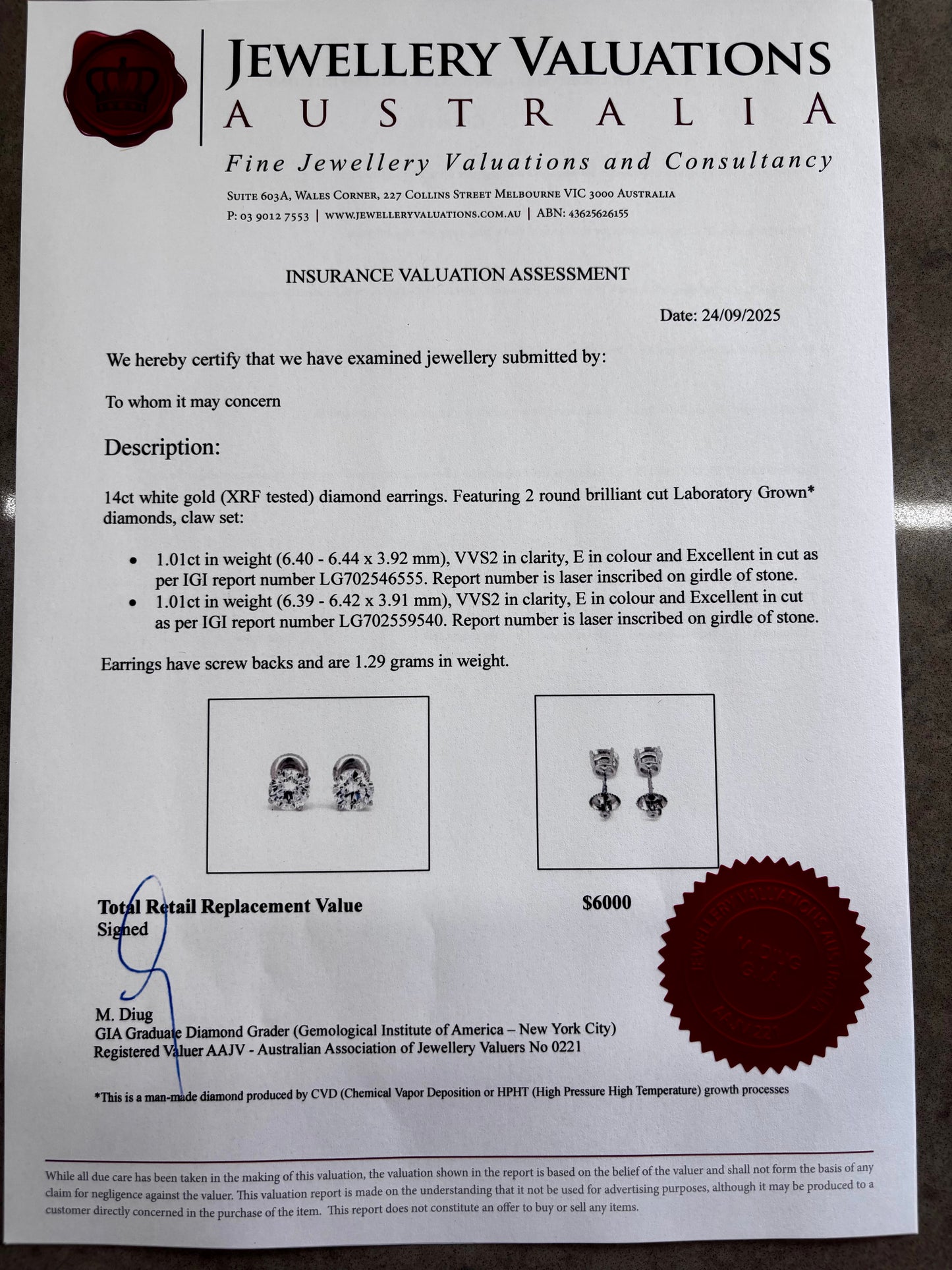 2.00cttw_E_VVS2_Round_Cut_Basket_Lab_Grown_Diamond_Stud_Earring_14K_Gold_valuation_certificate