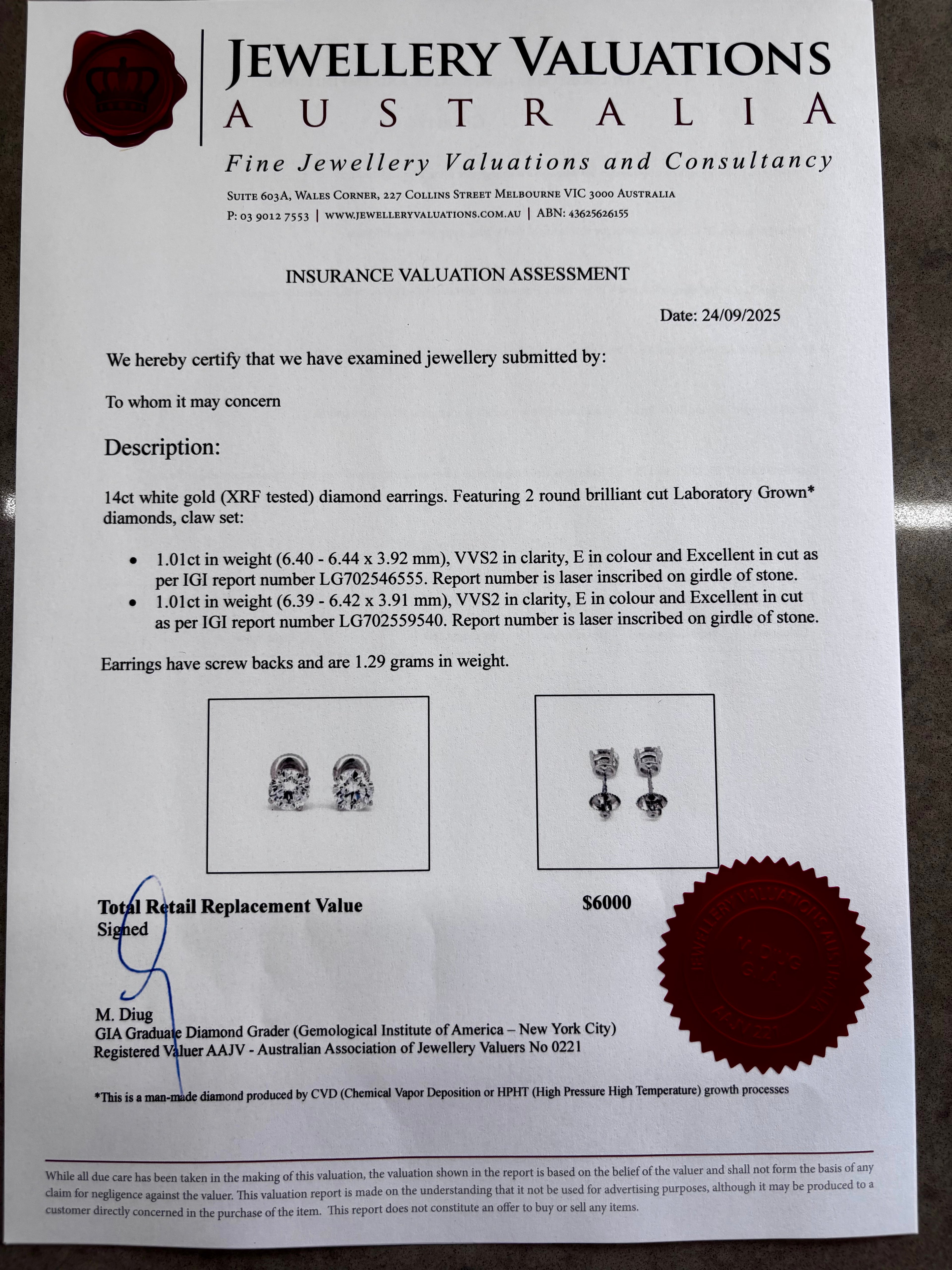 2.00cttw_E_VVS2_Round_Cut_Basket_Lab_Grown_Diamond_Stud_Earring_14K_Gold_valuation_certificate