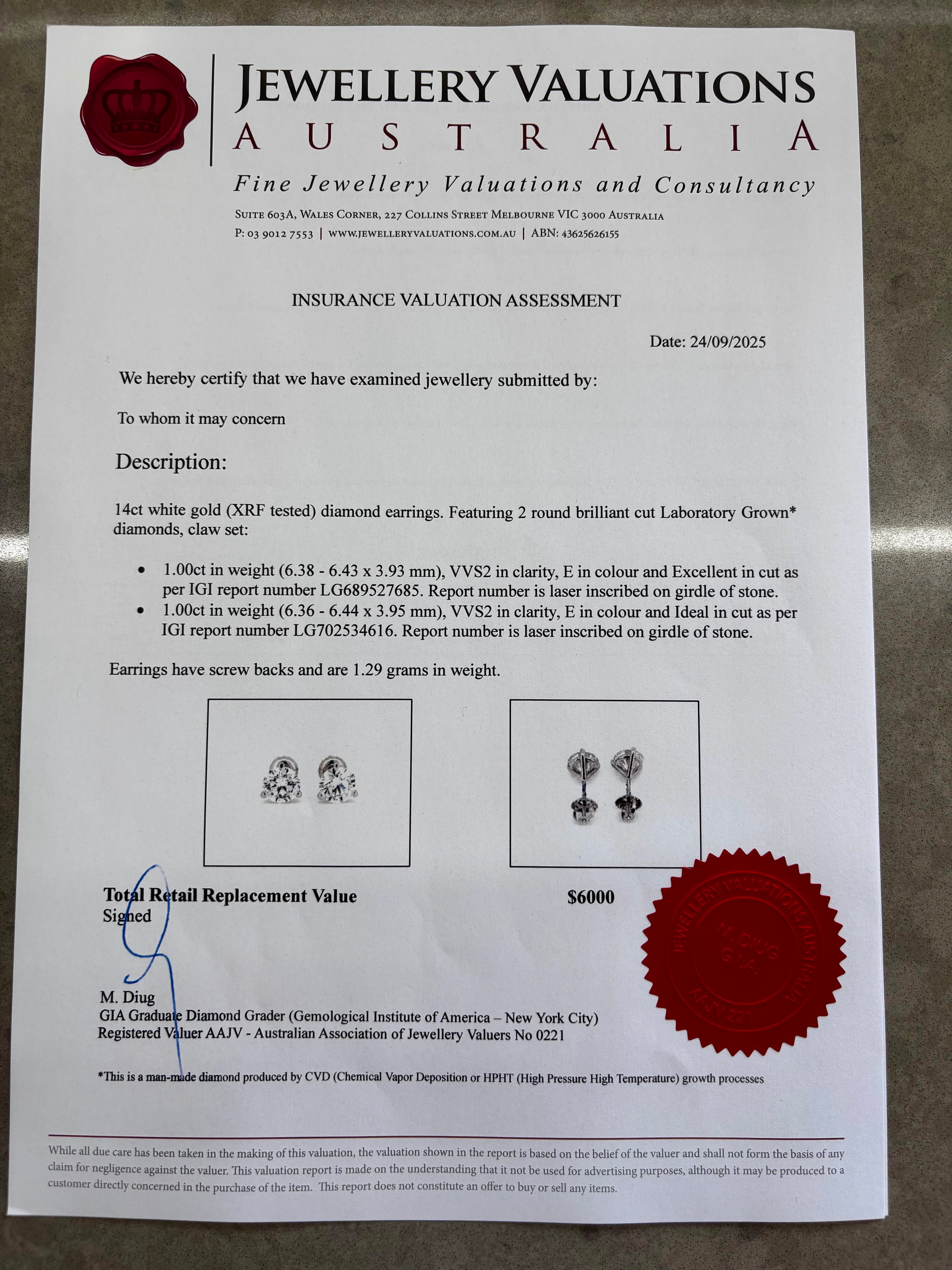 2.00cttw_E_VVS2_Round_Cut_Martini_Lab_Grown_Diamond_Stud_Earring_14K_Gold_valuation_certificate