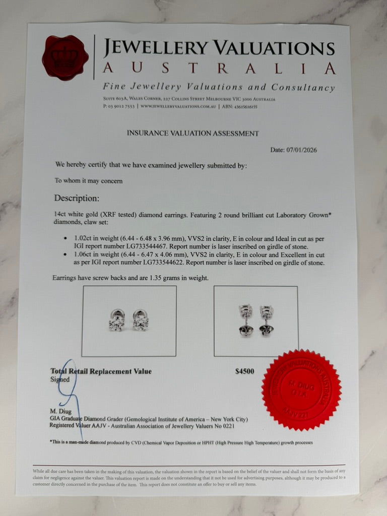 2.08cttw_VVS2_Round_Cut_Lab_Diamond_Earrings_Basket_Set_14K_White_Gold_IGI_Certified_valuation_cert