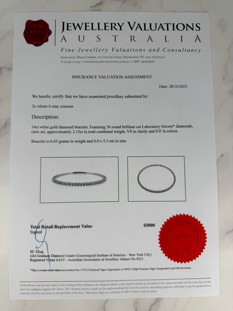 2.15ct_Lab_Grown_Diamond_Bangle_14K_White_Gold_valuation_certificate