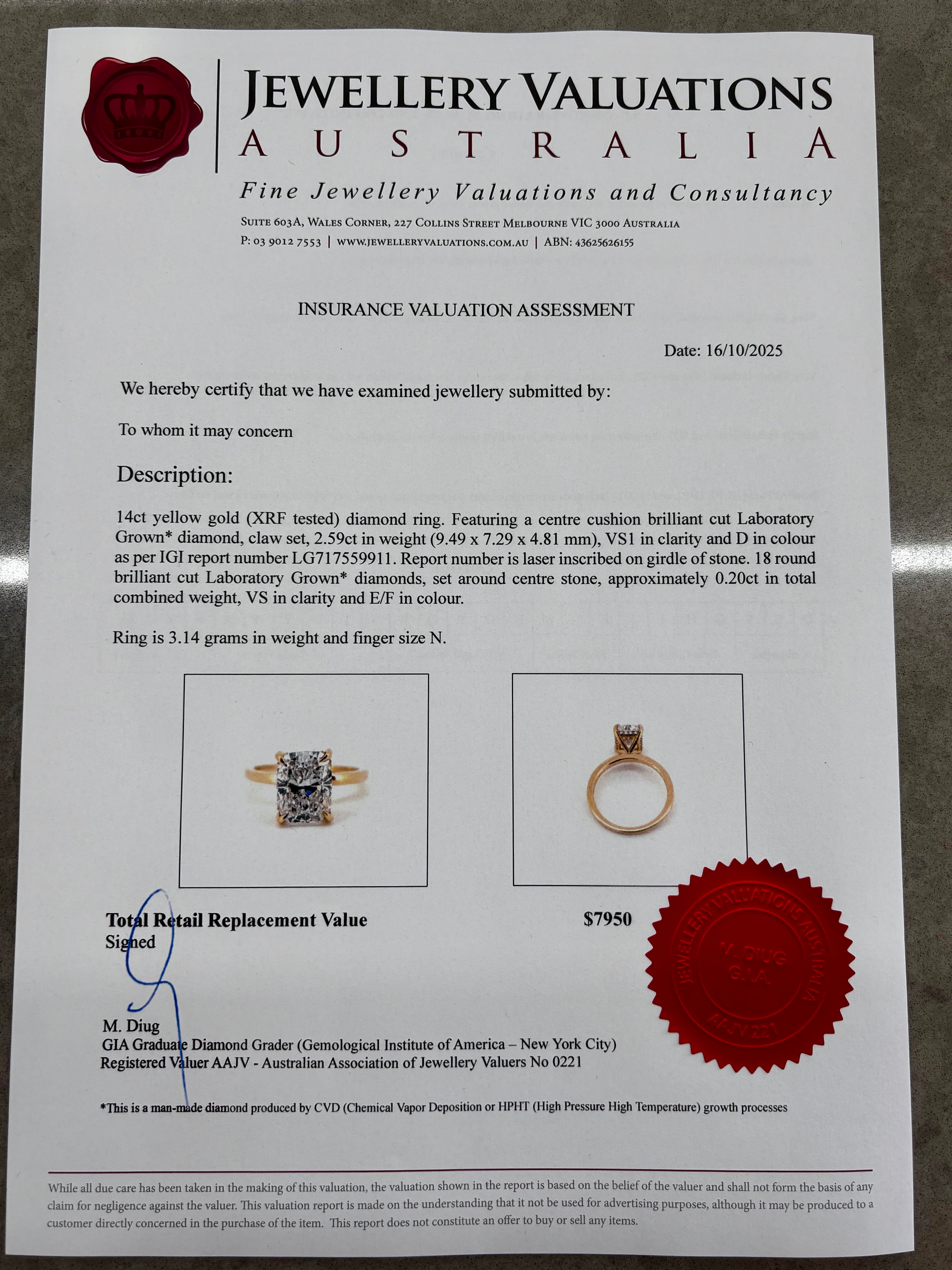 2.59ct_D_VS1_Cushion_Cut_Lab_Grown_Diamond_Ring_14K_Gold_valuation_certificate