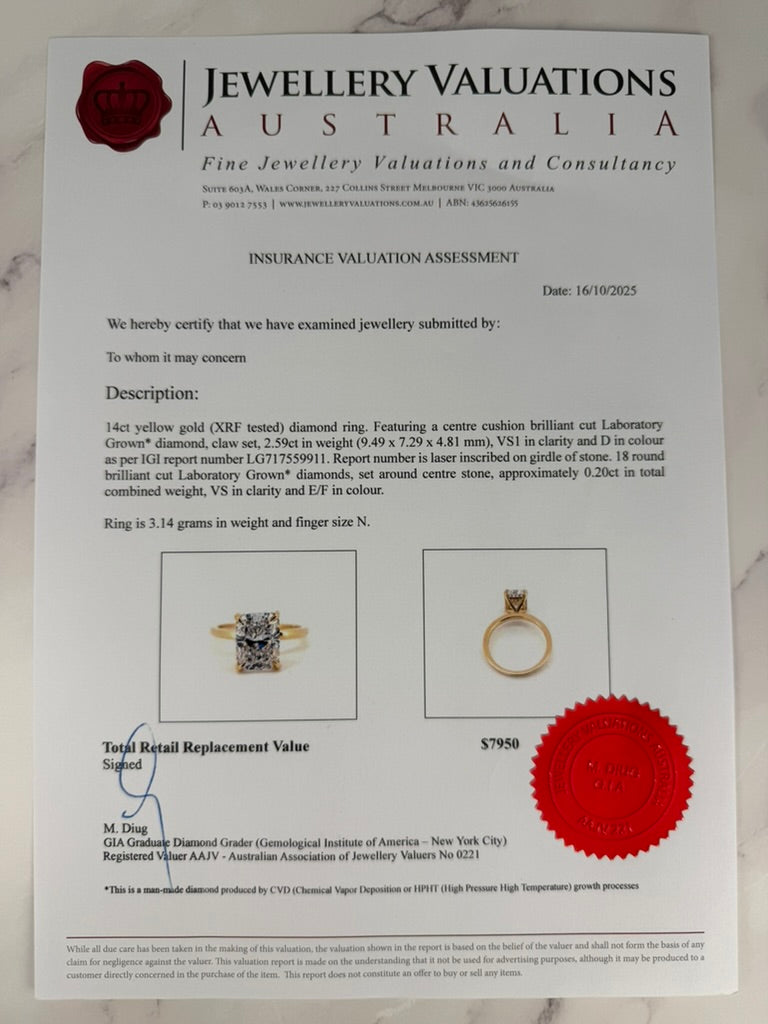 2.79cttw_VS1_Cushion_Cut_Lab_Grown_Diamond_Ring_14K_Yellow_Gold_IGI_Certified_valuation_cert