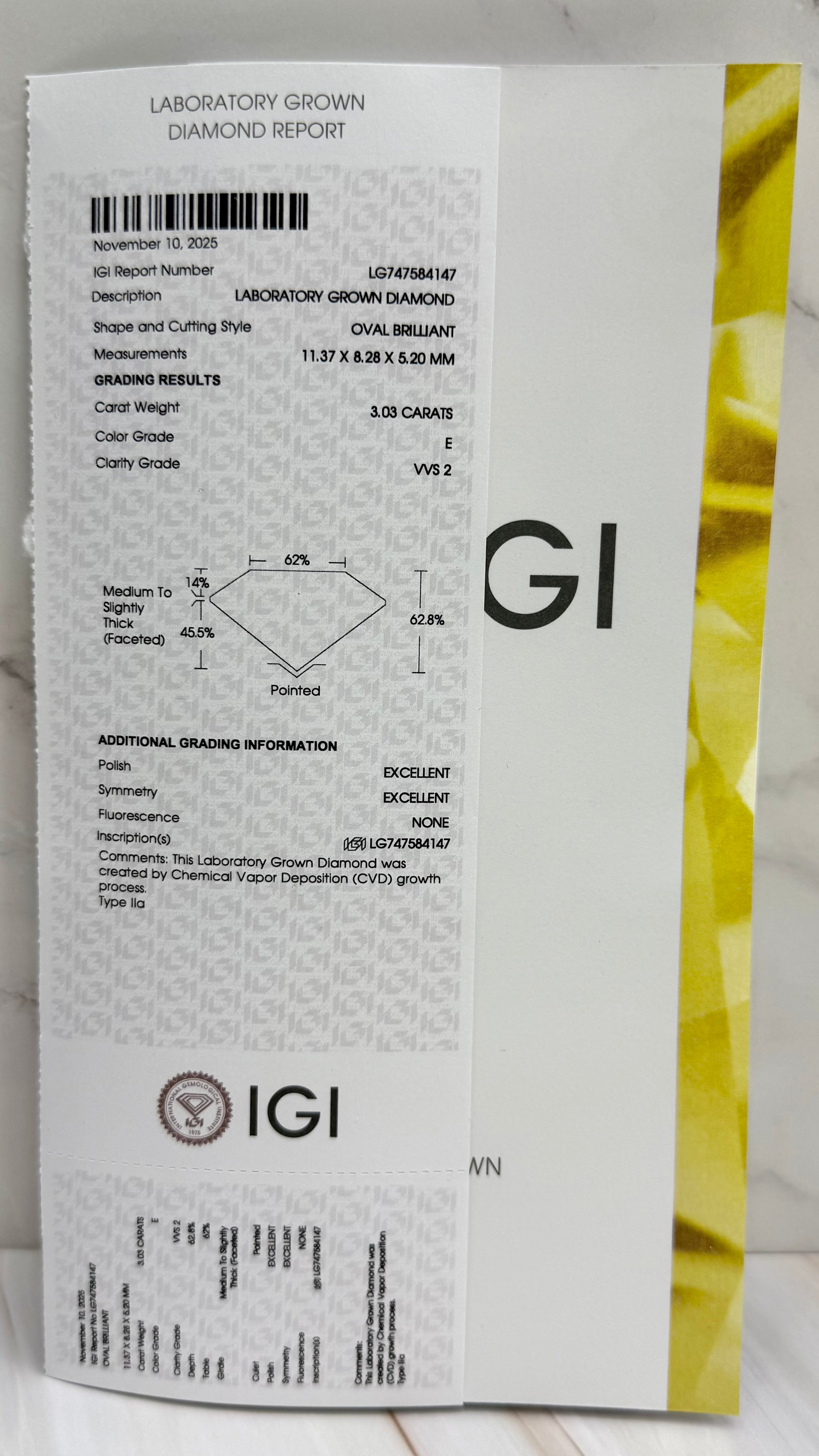 3.37cttw_VVS2_Oval_Cut_Lab_Grown_Diamond_Ring_14K_White_Gold_IGI_Certified_igi certificate