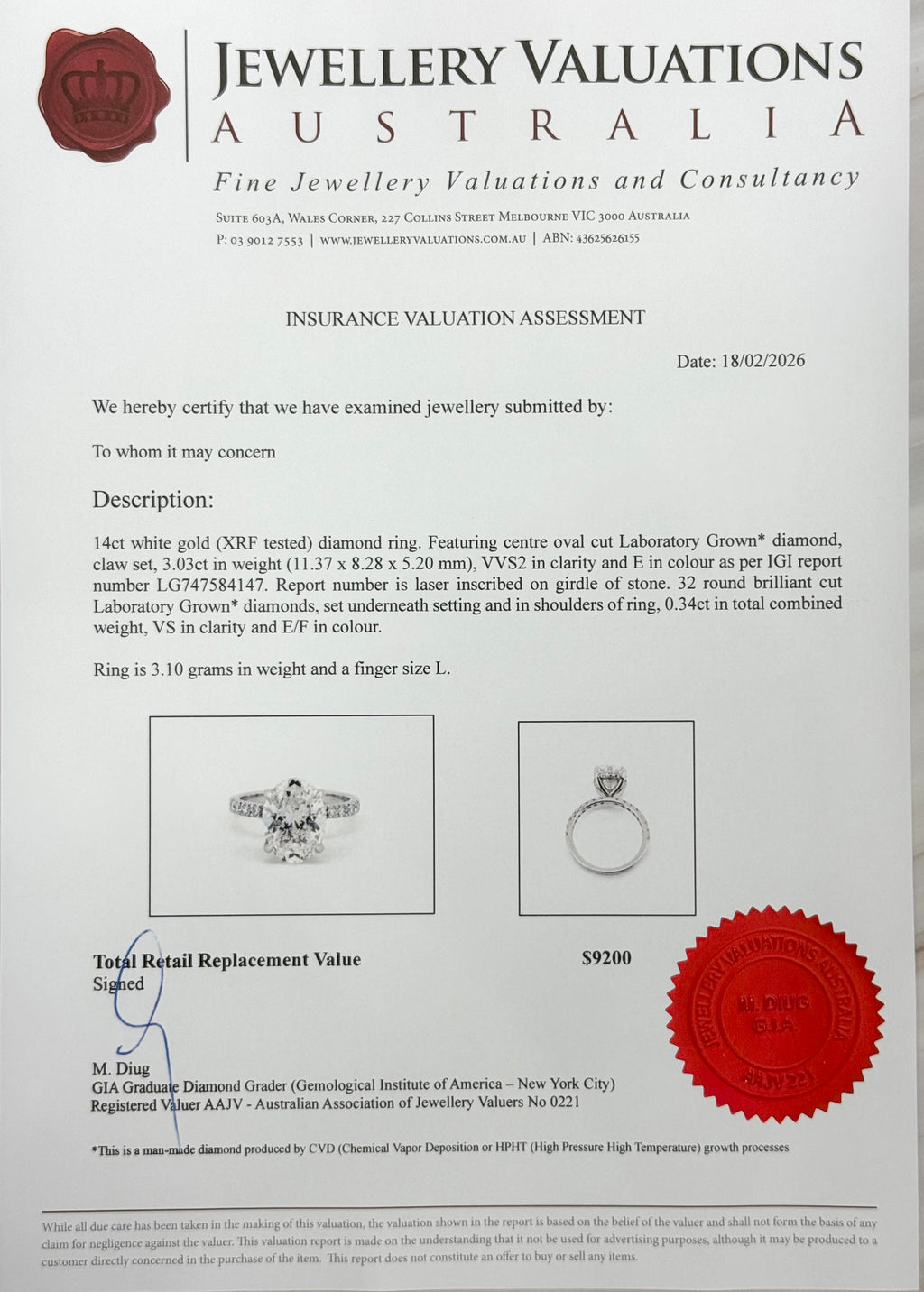 3.37cttw_VVS2_Oval_Cut_Lab_Grown_Diamond_Ring_14K_White_Gold_IGI_Certified_valuation certificate