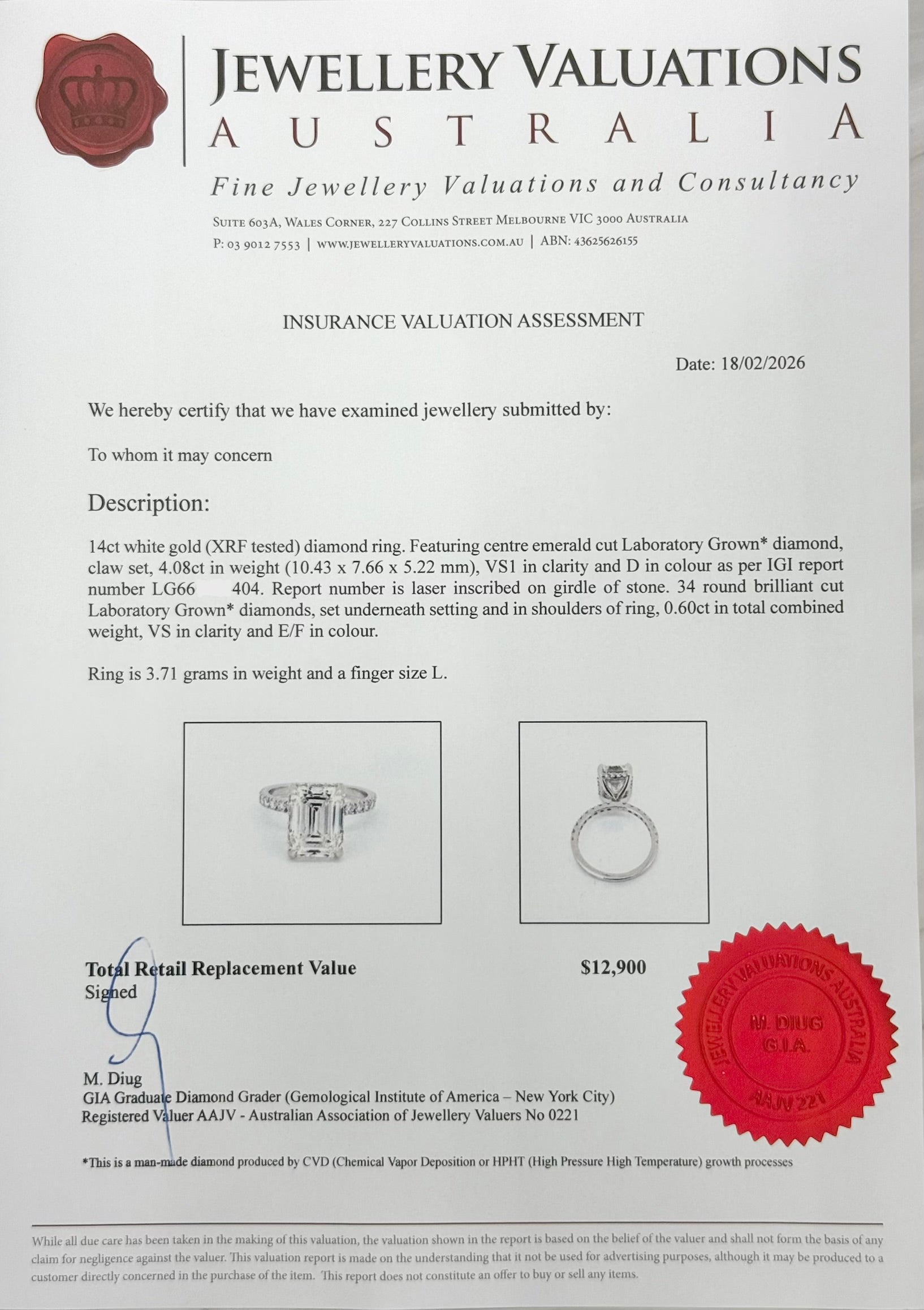 4.68cttw_VS1_Emerald_Cut_Lab_Grown_Diamond_Ring_14K_White_Gold_IGI_Certified_valuation certificate