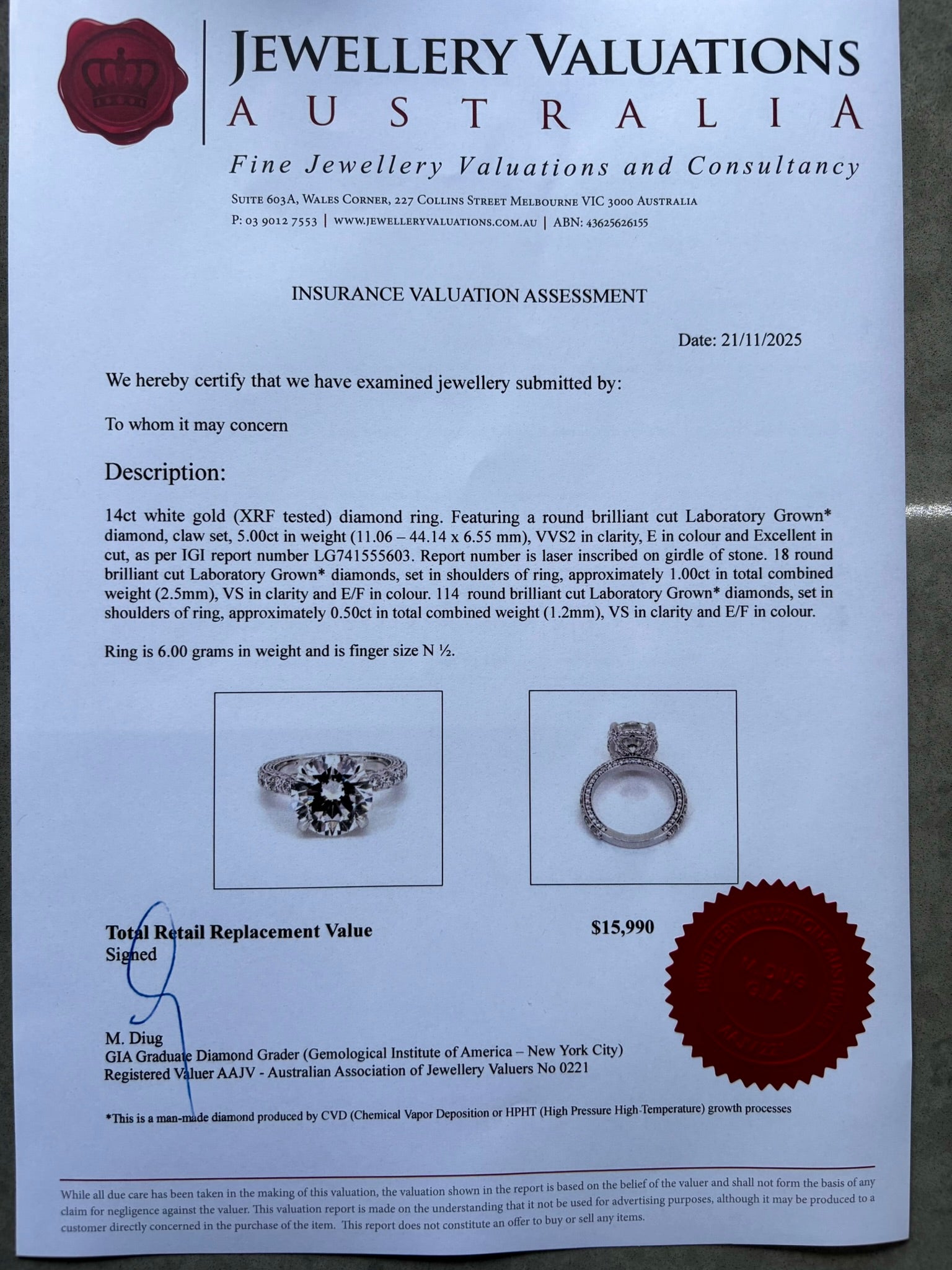 5ct_E_VVS2_Round_Cut_Lab_Grown_Diamond_Ring_14K_Gold_valuation_certificate
