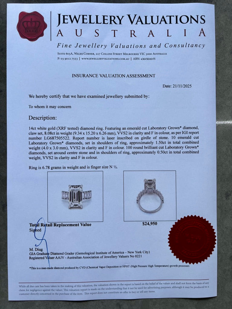 8ct_F_VVS2_Emerald_Cut_Lab_Grown_Diamond_Ring_14K_Gold_valuation_certificate